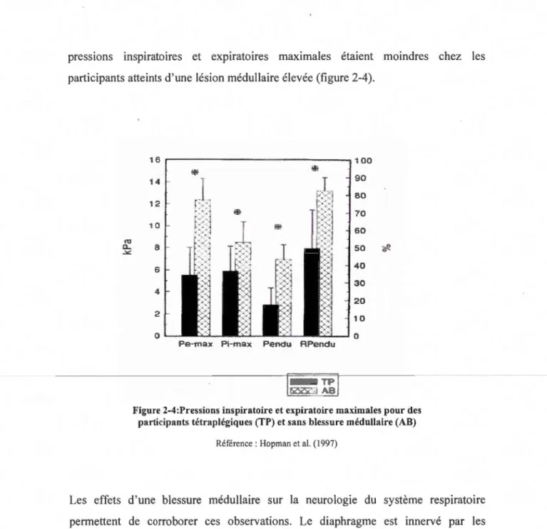 Figure 2-4:Pressions inspiratoire et expiratoire maximales pour des  participants tétraplégiques (TP) et sans blessure méd ullaire (AB) 