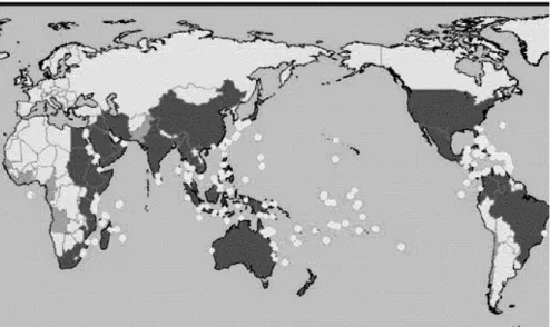 Figure 3.1  La  distribution  géographique  mondiale  des  coraux  (points  blancs)  et  des  aires marines protégées incluant les récifs de corail (zones ombragées) 