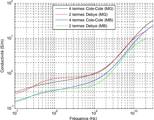 Figure 2.20 :  Comparaison des deux modèles décrit pour la conductivité de la matière grise et  blanche