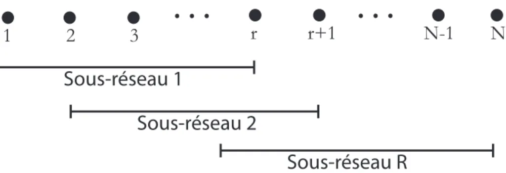 Figure 2.3 – Illustration montrant la décomposition du réseau initial en sous-réseaux pour la méthode de lissage spatial.