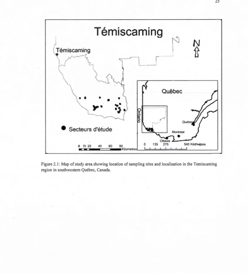 Figure 2.1:  Map of  study area showing location of  sampling sites and localisation  in  the  Temiscaming  region  in  southwestem Québec,  Canada