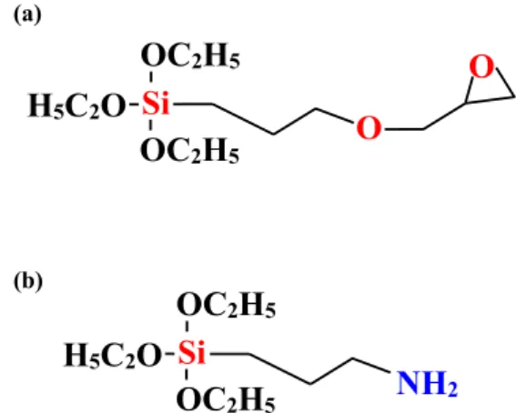 Fig. 1 Chemical formulas of silane coupling agents (a) GPTMS and (b) AMPTES