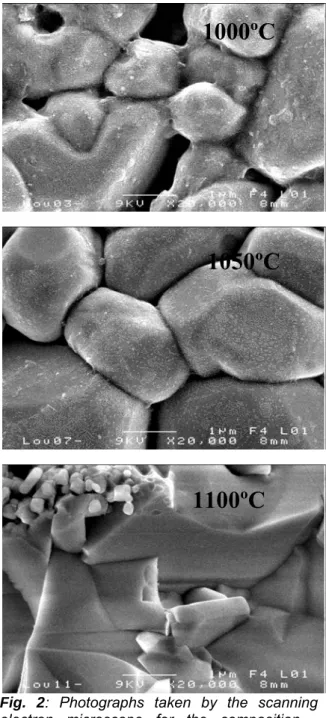 Fig. 2: Photographs taken by the scanning  electron microscope for the composition -  Pb 0.98 Ca 0.02 [(Zr 0.52 Ti 0.48 ) 0.98 (Cr 3+ 0.5 , Ta 5+ 0.5 ) 0.02 ]O 3 