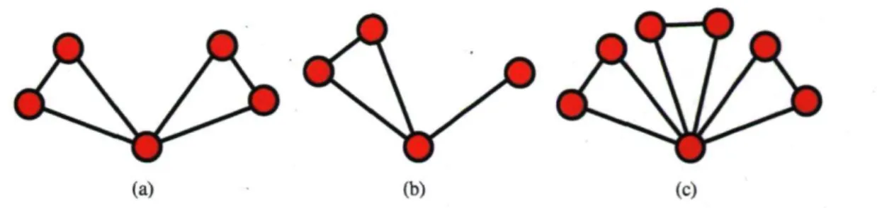 FIG. 1.10: Motifs de réseaux plus ou moins ordonnés. Il est loin d'être clair quels motifs sont plus or- or-donnés, agrégés ou au contraire aléatoires, et leur coefficient d'agrégation ne sont pas nécessairement  plus révélateurs : (a) C = 3/5 ; (b) C = 3/