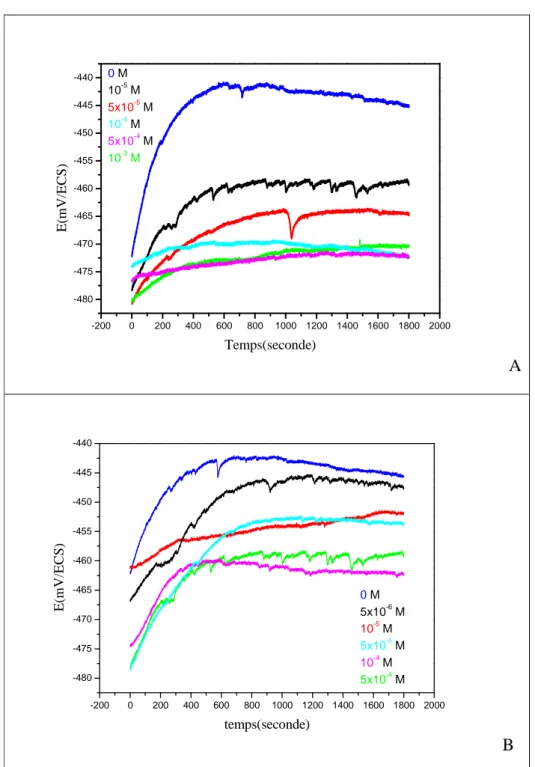 fig III.7. Représente la variation du potentiel en fonction du temps d’une électrode d’acier  au carbone X52 dans une solution de HCl 1M en absence et en présence de différentes 