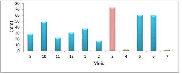 Figure 7. Variation de la pluviométrie mensuelle durant la campagne 2013/2014 à Sétif