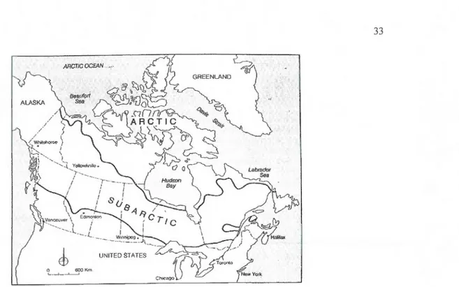 Figure  2.2  Le Nord  défini  par Bone  : un  Nord  bioc limatique  (Bone,  1992  : 56) 