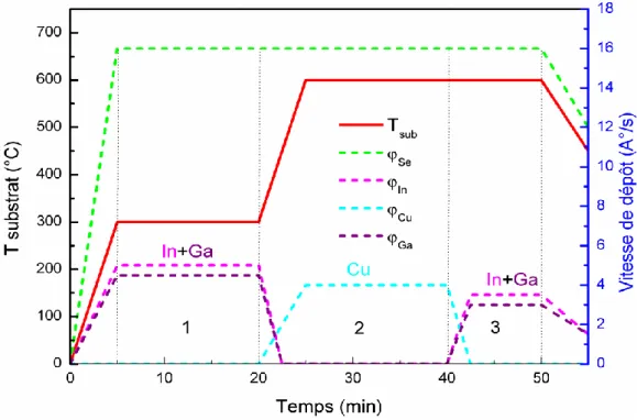 Figure 2.5 : Profile de température de substrat utilisé dans un procédé en  trois étapes de  synthèse du CIGS par co-évaporation  [5] .