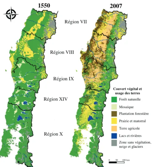 Figure 1.2  Changement du couvert végétal et de l'usage des terres dans l'écorégion  des forêts tempérées pluviales valdiviennes (35-43,3°°S) entre 1550 et 2007 au Chili