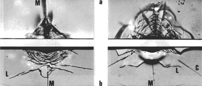 Figure 2.10: Micrographies optiques d’indentations Vickers (30 N) sur verres silico-sodo- silico-sodo-calcique (gauche) et de silice (droite) : (a) surface libre, (b) vue de proﬁl