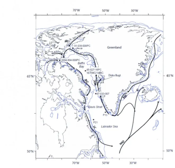 Figure  1.  Location  of  cores  HU2008-029-014BC  (14BC)  and  HU2008-029-016TWC  (16TWC)  (70.46°N,  64.66°W,  water  depth:  2060  rn  and  2063  rn)  and  trajectories  of main  ocean  surface  currents