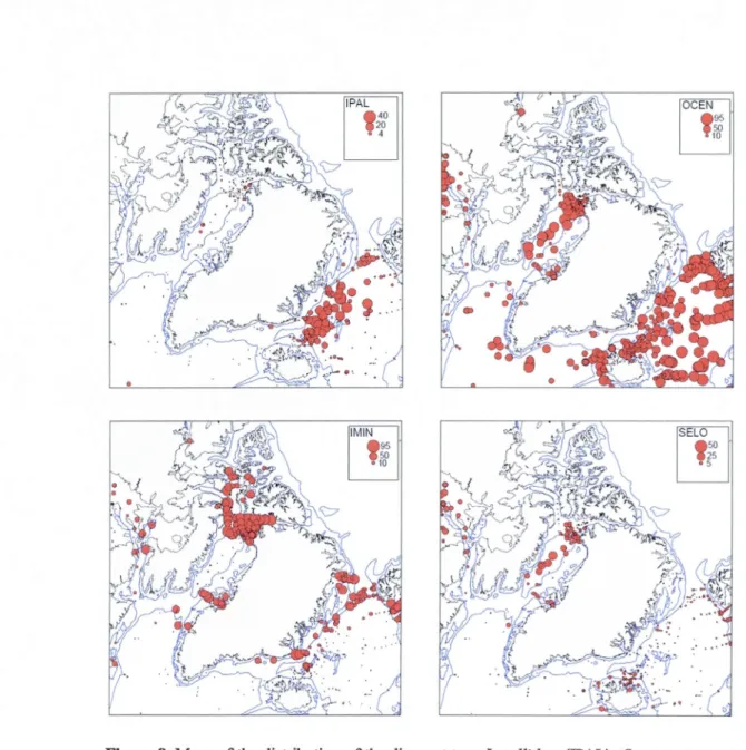 Figure 8. Maps of the  distribution  of the  dinocyst taxa 1.  pallidum (IPAL),  O.  centrocarpum  (OCEN),  !
