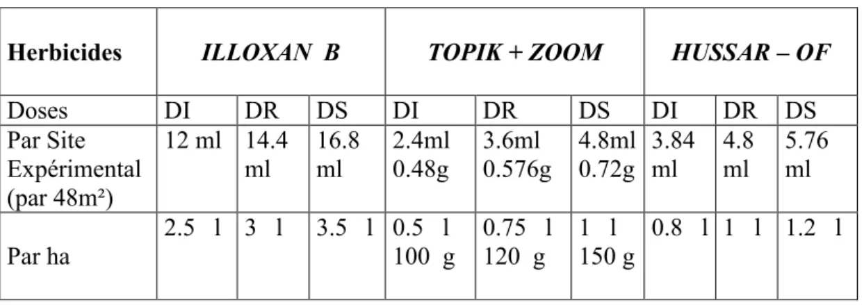 Tableau 5: Les doses d’herbicides appliquées  
