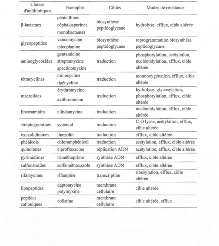 Tabl eau  1. 1  Mode  de  résistance  des  pathogènes  aux  prin cipales  classes  d'antibi otiques