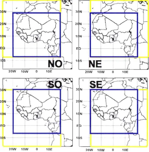 Fig.  4.1.  :  Localisation  des  quatre  domaines  de  simulations  Uaune)  couvrant  235x235  points  de  grille