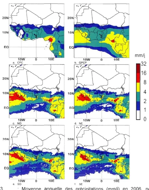 Fig.  4.3.  :  Moyenne  annuelle  des  précipitations  (mm/j)  en  2006,  pour  les  analyses  d'observations  (a  et  b)  et  les  quatre  simulations  NO,  NE,  SO  et  SE  du  MRCC5 (c à f)