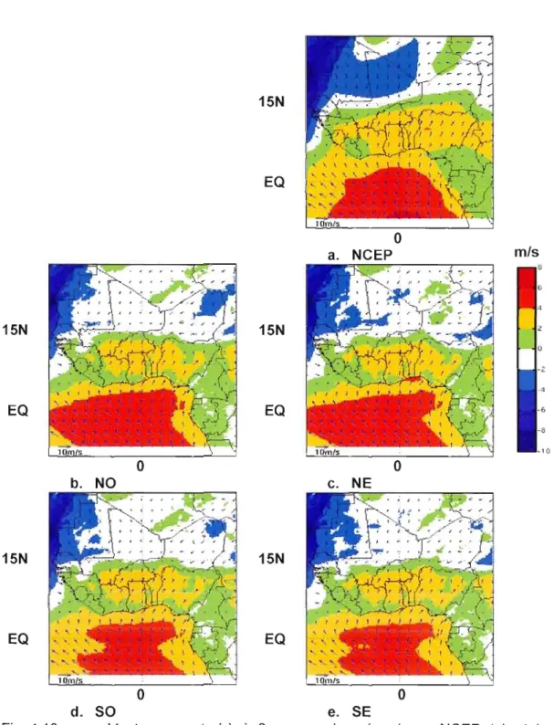 Fig.  4.10.  :  Vent  moyen  (mis)  à  2  m  pour  les  réanalyses  NCEP  (a)  et  les  simulations  NO,  NE,  SO  et  SE  (b  à  e),  pour  le  mois  de  mai