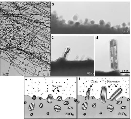 Figure I-18 : (a-d) Image MET (a) de nanofil de Si obtenus par croissance assistée par oxide