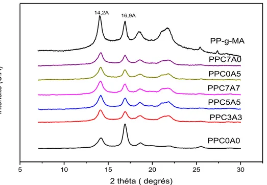 Figure III.4. Diffractogrammes RX à grands angles des  nanocomposites dont le rapport PP-g-MA/Mmt-C 18  est 1/1 