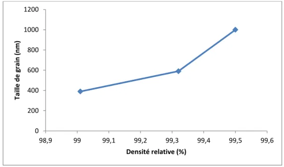 Figure IV.4 : Variation de la densité relative en fonction de la taille de grains. 