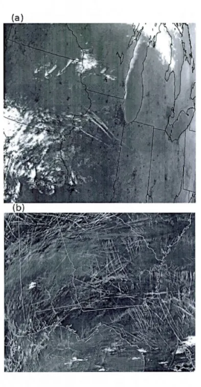 Figure  0.3  Images  de  Radiomètre  Avancé  à  Très  Hante  Résolution  (AVHRR)  in- in-frarouges  montrant  les  t raînées  de  condensation  générées  par  les  avions  (Photos  de  la  NASA ,  libre  de  droits) 