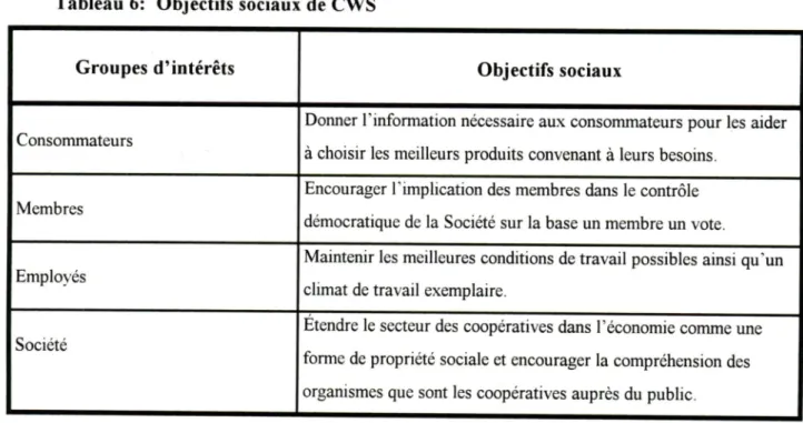Tableau 6: Objectifs sociaux de CWS