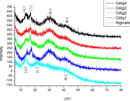 Figure III.8 : Diffractogrammes de l’alginate et des alginates oxydés par le  chlore actif