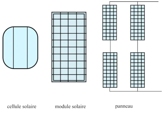 Figure I.21. Schéma montrant une cellule, un module et un ensemble de modules solaires 