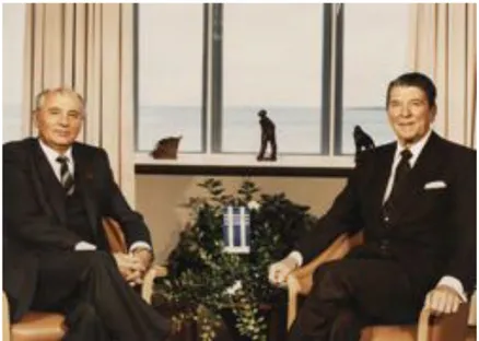 Figure 1. Soviet general secretary Mikhail Gorbachev and U.S. president   Ronald Reagan pose for the camera in front of a scenic window in Höf!i House,  