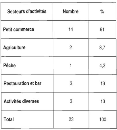 Tableau 10 : Domaines d'activités des bénéficiaires 