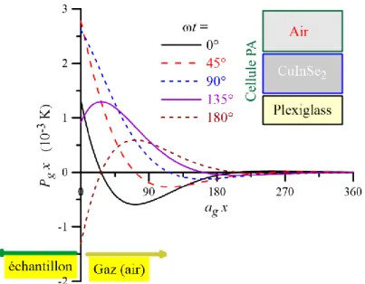 Figure  2.3 :  Distribution  spatiale  de  la  dépendance  temporelle  de  la  température  dans  la  colonne du gaz adjacente à la surface de l’échantillon, avec f 0 =112 Hz, L s  = 1 m
