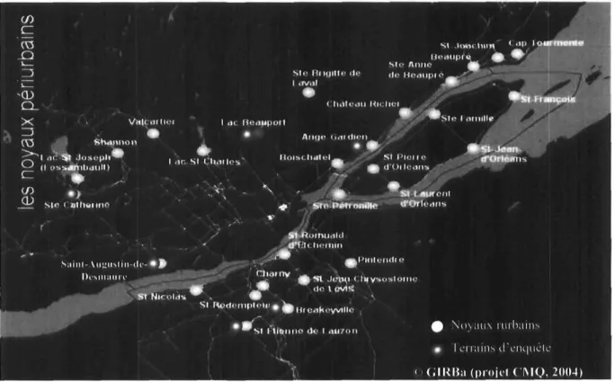 Figure 3 : Localisation des noyaux rurbains de la communauté métropolitaine de Québec et des terrains d'enquêtes si .!.*&gt;