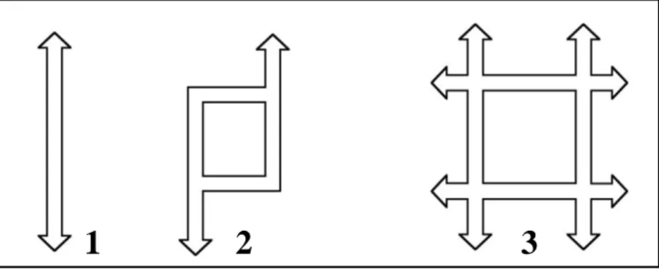 Fig. 11 : Systè me linéaire, en boucle et en résille . Source : Borie (1984) 