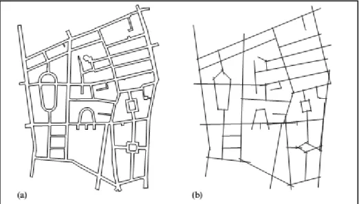 Fig. 24 : à gauche le plan de Barnsbury au Nord de Londres, à droite sa carte axiale.  