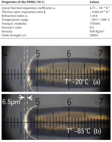 Fig. 3. Side views showing the bend in the micro-mirror at 20 ◦ C and 85 ◦ C.