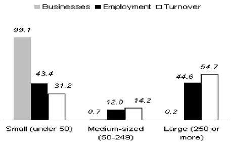 Figure  1.  Share  of  private  sector  businesses,  in  terms  of  number,  employment and turnover by size of business, UK 