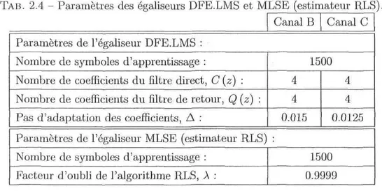 TAB. 2.4 - Paramètres des égaliseurs DFE.LMS et MLSE (estimateur RLS).