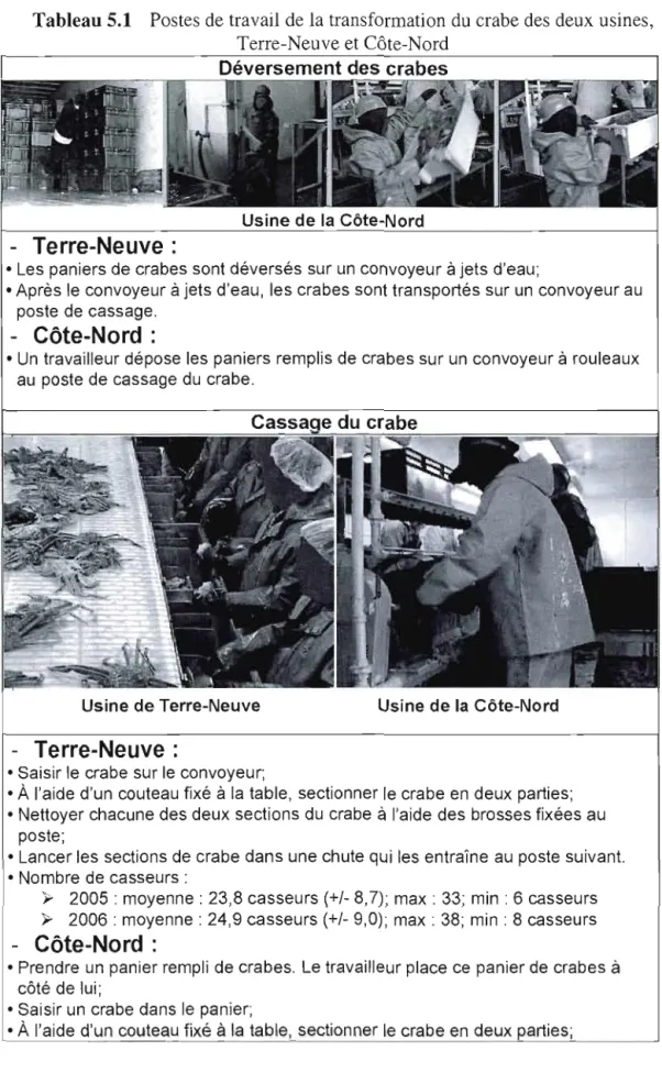 Tableau 5.1  Postes de travail  de  la transformation du  crabe des  deux usines,  Terre-Neuve et Côte-Nord 