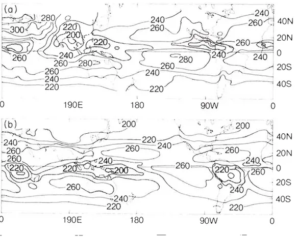 Figure  12.  Mean  seasonal  outgoing  longwave  radiation  measured  by  satellites:  a)  winter season, b)  summer season (taken from  PhiJander, 1990)