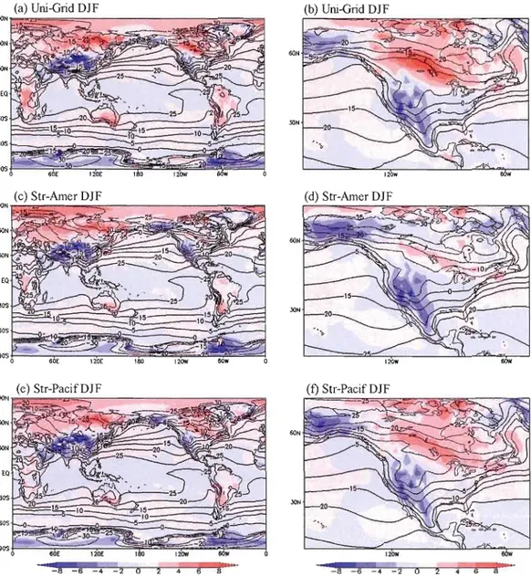 Figure  1.2.  DJF  season  global  and  regional  mean  near surface temperature:  a-b)  Uni­