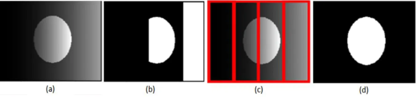 Figure 2.2: Illustration du seuillage adaptatif. (a) Image originale avec un fond non  uniforme, (b) Image segmentée avec un seuil global, (c) Image originale découpée en sous 