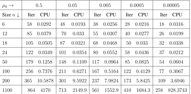 Table 2.3: Numerical results with θ = 2 √ 1 n , after the algorithm reaches nµ ≤ 10 −6
