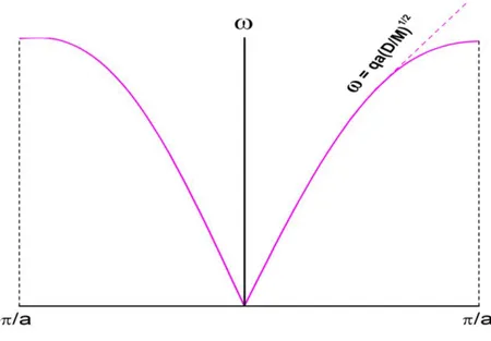 Figure VI.2: Dispersion des phonons de la chaîne monoatomique. Pour faible vecteur d'onde,  la fréquence est proportionnelle à  q est le système devient cependant dispersif sur les bords  de la zone de Brillions