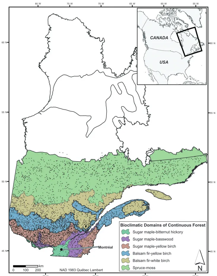 Figure 1 Map of plots used in this study and their distribution across all bioclimatic domains of continuous forest in Québec, Canada.