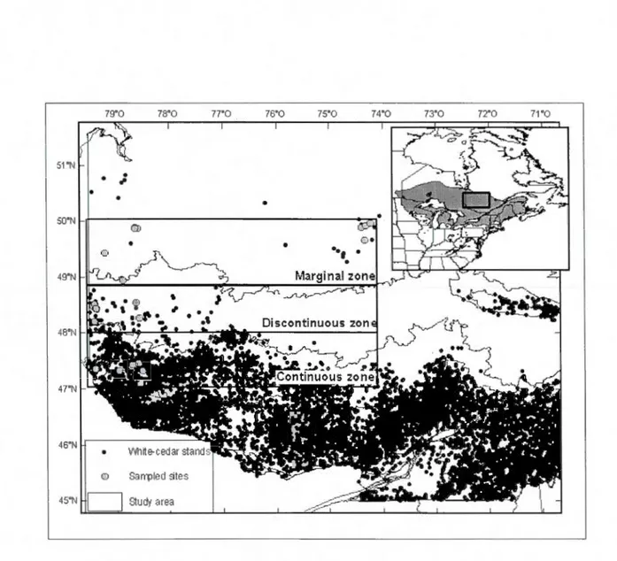 Figure 1.1  Distribution of eastern white-cedar across North  America (insert) (USGS , 2009) ,  Québec (MRNF , 2009) 