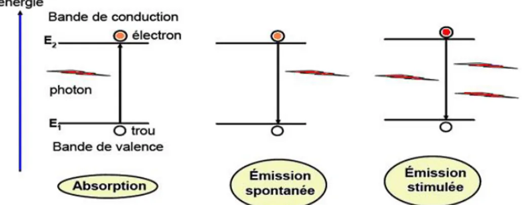 Figure I.6. Mécanismes fondamentaux de fonctionnement d’une diode laser :  (absorption, émission spontanée, émission stimulée)  [Alex 97] 