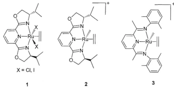 Figure  1.11  Le  catalyseur  de  Nomura  (1),  le  cation  méthyle  éthylène  (2)  possiblement généré  après  activation  par  le  MAO  de  1 et le  complexe  correspondant  de Brookhart (3)