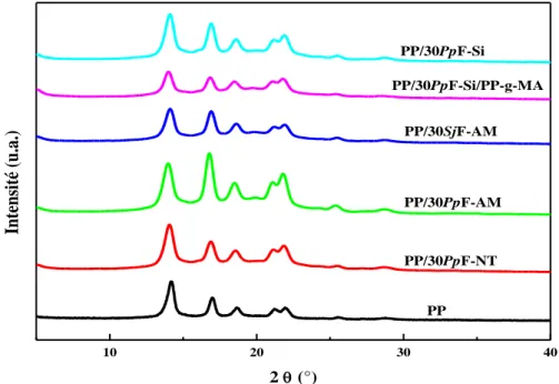 Figure IV.2. Diffractogrammes RX du PP et des composites PP/30PpF et PP/30SjF à farines  non traitées et traitées