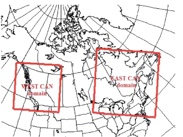 Figure 1	  Geographical  position of the  two CRCM4 simulation domains  (WEST CAN and  EAST CAN) used  in  this  study