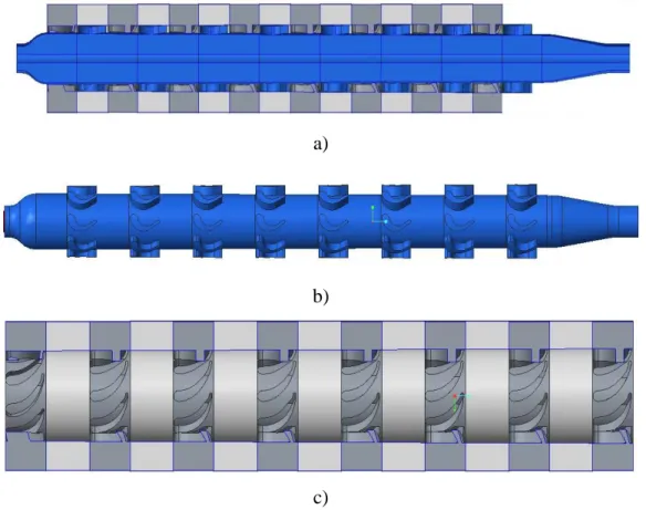 Figure 1.5 : Montage CAO de la turbine (flux de gauche à droite); a) vue en plan du rotor situé dans  une moitié du stator, b) rotor et c) une moitié du stator